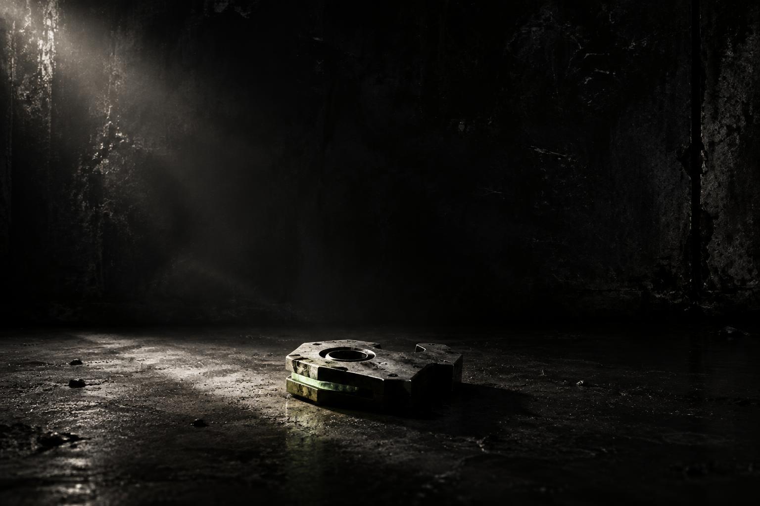 A shadowed metal object on an industrial floor